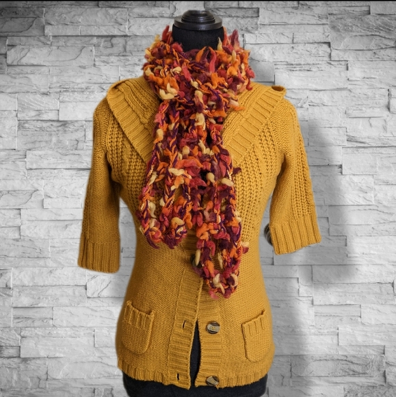 Mustard Yellow Sweater Jacket Fall Cardigan Short Sleeve Button Up Knit - Picture 9 of 10